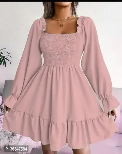 Stylish Pink Crepe Solid Fit And Flare Dress For Women