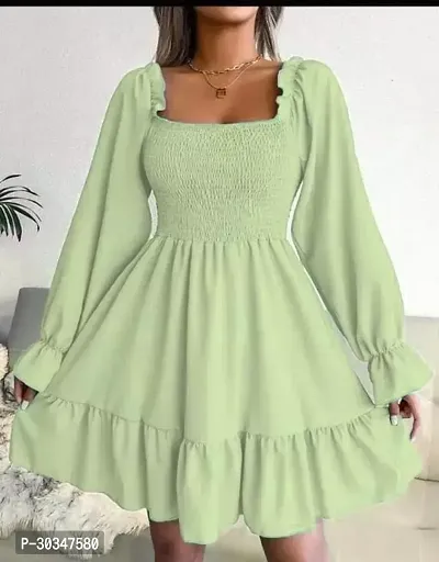 Stylish Green Crepe Solid Fit And Flare Dress For Women-thumb0