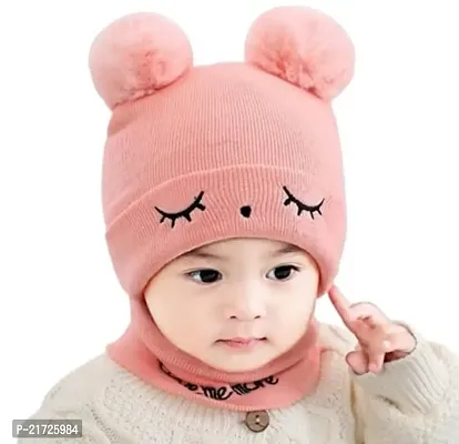 Brand Hub Woolen Warm Double Pom Pom Cap Beanie Hat and Muffler Winter Accessories for Baby Boys and Girls -(1-3 Years) Orange
