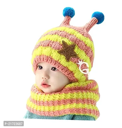 MANOKAMNA CREATION Baby Boys  Girls Winter Warm Knitting Woolen Bee Style Striped Hat  Scarf Yellow