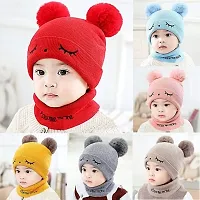 Brand Hub Woolen Warm Double Pom Pom Cap Beanie Hat and Muffler Winter Accessories for Baby Boys and Girls -(1-3 Years) Yellow-thumb1