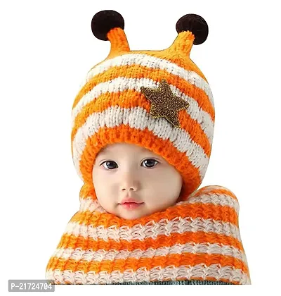 MANOKAMNA CREATION aby Boys  Girls Winter Warm Knitting Woolen Bee Style Striped Hat  Scarf (Orange  White)-(1-4 Years)-thumb0
