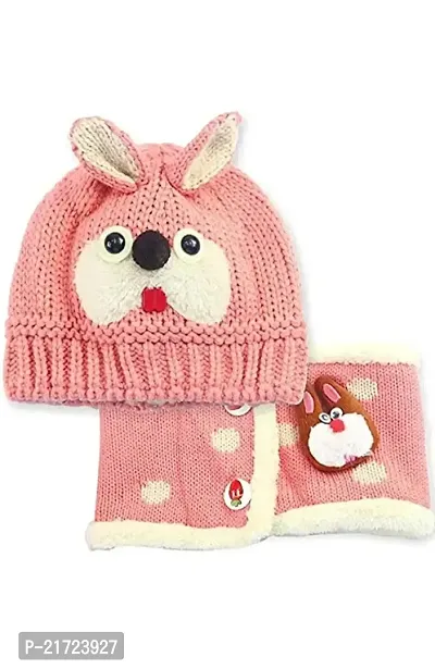 MANOKAMNA CREATION Baby Boys Girls Knit Woolen Hat Cap Neck Scarf Soft Wool Warm Acrylic Lycra Monkey Beanie Winter Cap Set for Unisex Kids (3 Month to 4 Years) Pink