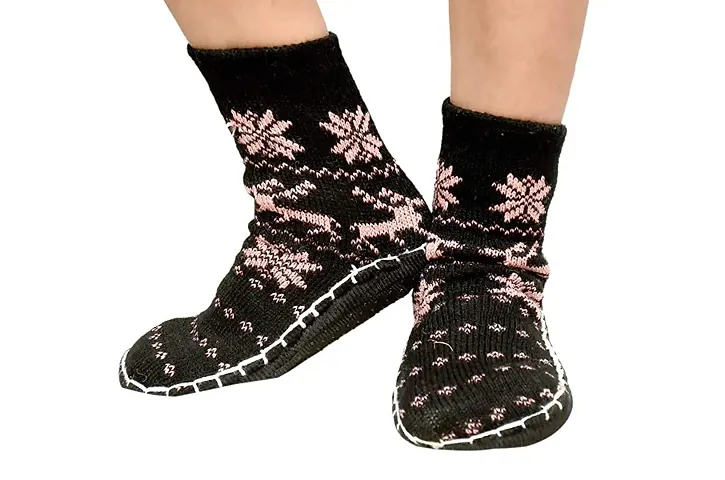 MANOKAMNA CREATION Multi Color Striped Warm Winter Slipper Socks, Knitted Booti, Room Socks, Anti slip Socks
