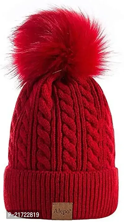 Manokamna Creation Women's  Glir's Winter Knitted Faux Fur Pom Pom Cap Pink