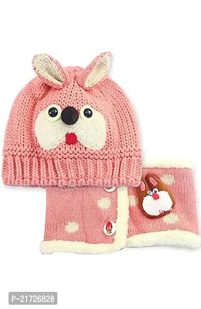 Riya Collection Baby Boys Girls Knit Woolen Hat Cap Neck Scarf Soft Wool Warm Acrylic Lycra Monkey Beanie Winter Cap Set for Unisex Kids (3 Month to 4 Years) Pink-thumb0