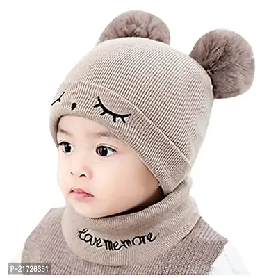 Brand Hub Woolen Warm Double Pom Pom Cap Beanie Hat and Muffler Winter Accessories for Baby Boys and Girls -(1-3 Years) Yellow