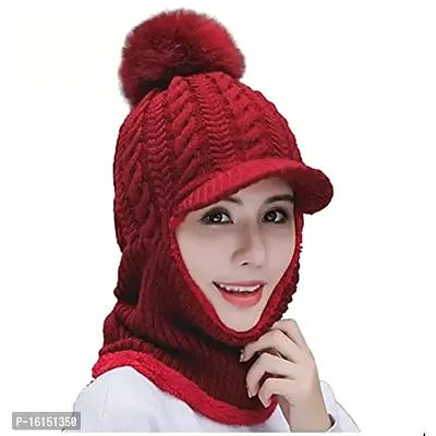 2 in 1 Women Winter Pom Pom Hats Knit Warm Hat Infinity Scarf Neck Warmer Circle Scarves Cap Hat Set Red