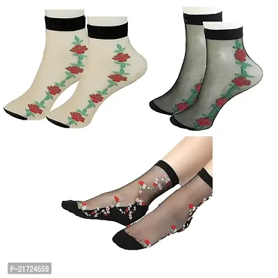 Brand Hub Ultra-Thin Transparent Multi Print Nylon Summer Skin Socks For Women/Girl's (Ankle Length) -Pack of 3-thumb0