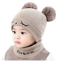 MANOKAMAN Creation Woolen Warm Double Pom Pom Cap Beanie Hat and Muffler Winter Accessories for Baby Boys and Girls -(1-3 Years) Yellow-thumb2