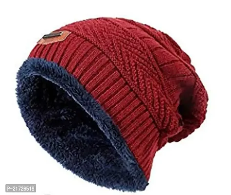 Brand Hub 1Pcs Snow Proof (Inside Fur) Unisex Woolen Beanie Cap for Women Girl Boy Warm Winter Premium Soft (Red Only Cap)-thumb0