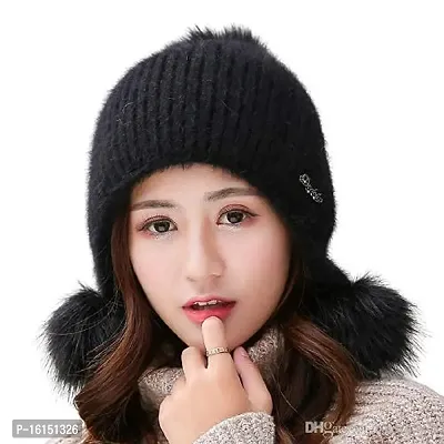 Women And Girl's Woollen Beanie Pom Pom Cap Warm Outdoor Hat for Autumn Winter Black-thumb0