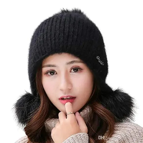 V4U Women's & Girl's Woollen Beanie Pom Pom Cap Warm Outdoor Hat for Autumn Winter (Black)