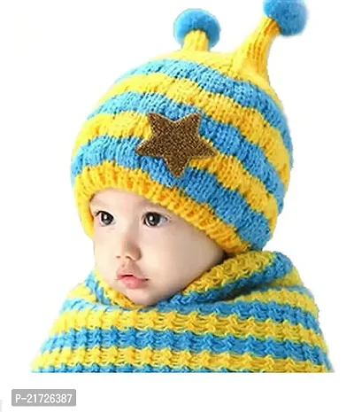 Brand Hub Cute Honeybee Winter Baby Crochet Hat and Scarf Kids Boys Girl Knitted Cap  Scarf (2-3 Year) Blue-thumb0