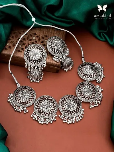 Ambddeds Antique Oxidised Silver Choker with Earrings Jewellery Set.