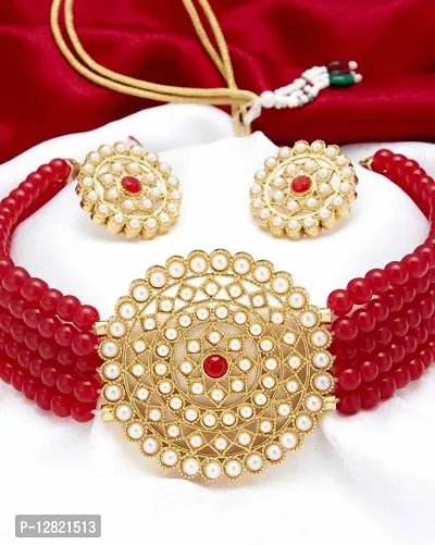 AMBEDDEDS Gold plated red pearl choker sets for women.-thumb2