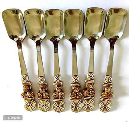 Stainless Steel 6 Fancy Small Ice Cream Pudding Spoon with Imitation Crystals (Gold)