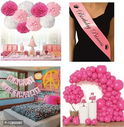 Chocozone Birthday Decorations for Girls - 50 Pink Balloons, Happy Birthday Banner , Sash & 6 Pink White Pom Pom