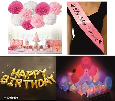 Chocozone Birthday Decorations for Girls - 6 Pink & White Pom Pom, Birthday Princess Sash, Foil Balloon & 15 Led Balloons