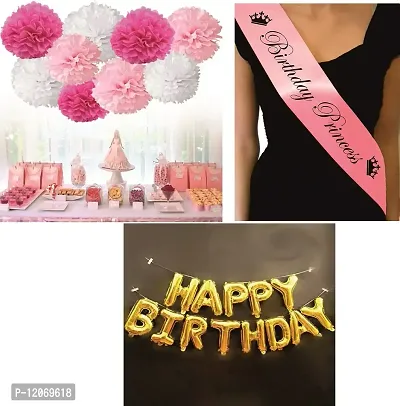 Chocozone Birthday Decorations for Girls - 6 Pink & White Pom Pom, Birthday Princess Sash & Foil Balloon Birthday Decoration