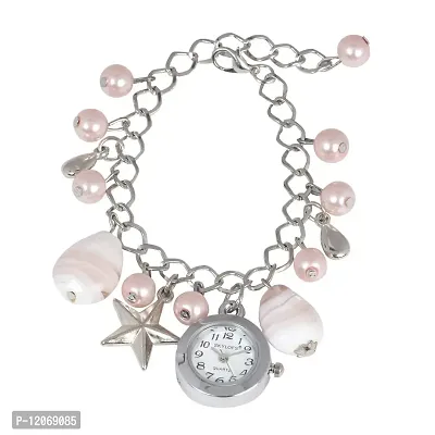 SKYLOFTS White Pearl Hanging Charm Watch Bracelet for Girls (Off-White) (Pink)-thumb0