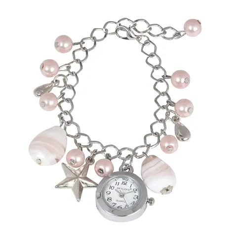 SKYLOFTS Pearl Hanging Charm Watch Bracelet for Girls (Off-White) (Pink)