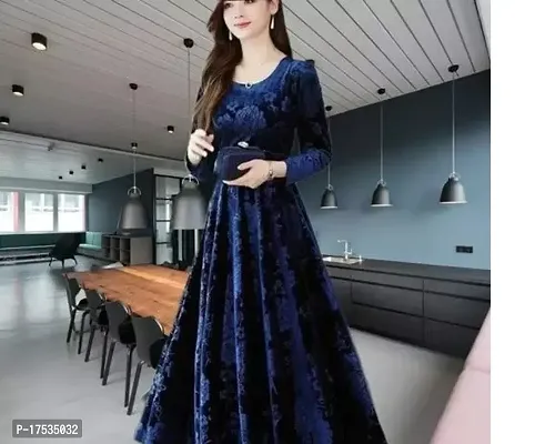 Navy Blue Velvet Embellished Dresses For Women-thumb0