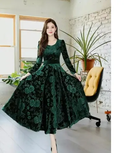 Women Printed Velvet Long Dress For Party Season