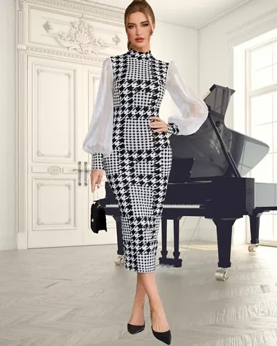 Women's Hounds tooth Mesh Bishop Long Sleeve Split Back Bodycon Dress