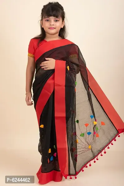 Cute Cotton Black Handloom Work Saree With Stitched Blouse And Petticoat For Girls