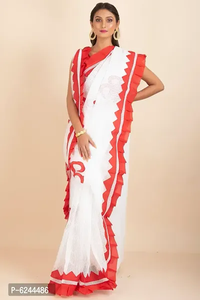 Stylish White Noil Silk Applique Work Saree With Blouse Piece For Women