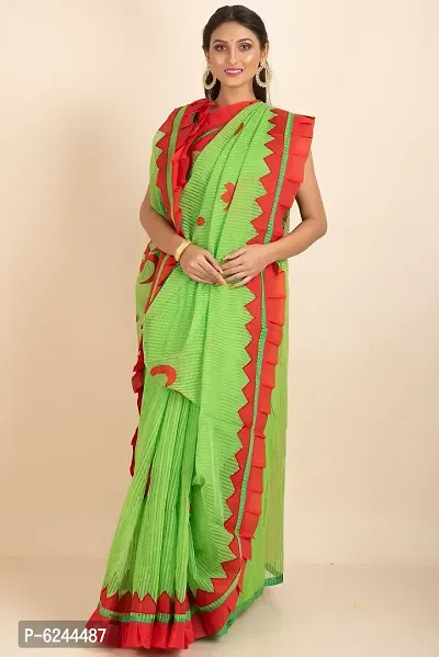 Stylish Green Noil Silk Applique Work Saree With Blouse Piece For Women