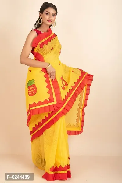 Stylish Yellow Noil Silk Applique Work Saree With Blouse Piece For Women-thumb4