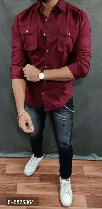 Stylish Cotton Maroon Long Sleeves Solid Cargo Shirt For Men-thumb2
