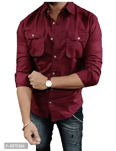 Stylish Cotton Maroon Long Sleeves Solid Cargo Shirt For Men-thumb0