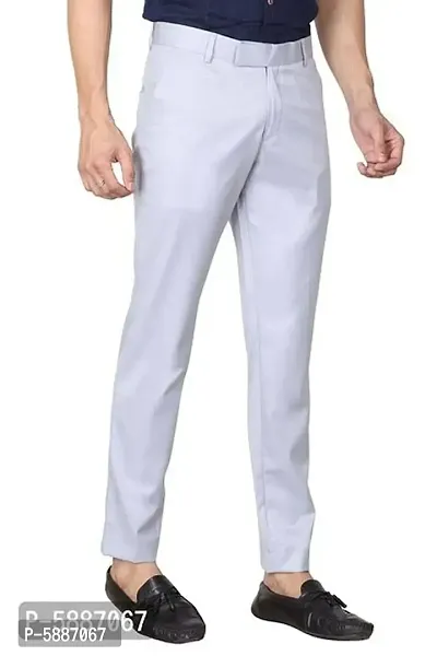Stylish Cotton Blend Grey Solid Mid-Rise Stretchable Formal Trousers For Men-thumb3