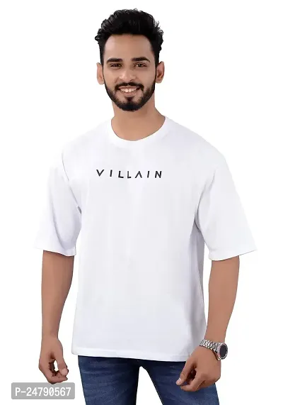 VILLAIN? Cotton Blend Oversize Loose Fit Drop Shoulder Round Neck Half Sleeve Typography T-Shirt for Men-thumb0