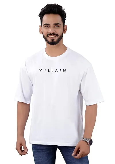 VILLAIN? Cotton Blend Oversize Loose Fit Drop Shoulder Round Neck Half Sleeve Typography T-Shirt for Men