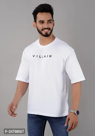 VILLAIN? Cotton Blend Oversize Loose Fit Drop Shoulder Round Neck Half Sleeve Typography T-Shirt for Men-thumb4
