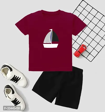 Stylish Maroon Cotton T-Shirts With Shorts For Kids-thumb0