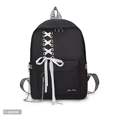 Stylish PU Black Solid Ribbon Backpack For Women