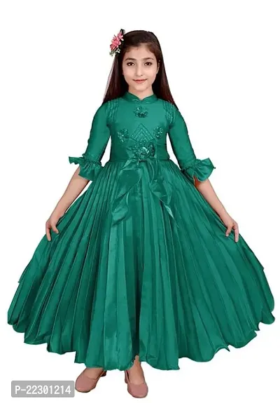 Fabulous Green Silk Blend Self Pattern Frocks For Girls-thumb0