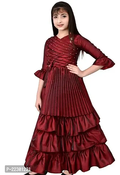 Fabulous Red Silk Blend Self Pattern Frocks For Girls-thumb3