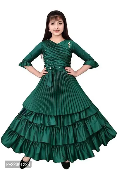 Fabulous Green Silk Blend Self Pattern Frocks For Girls