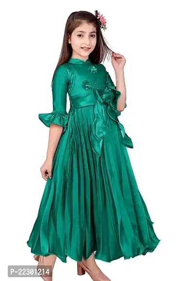 Fabulous Green Silk Blend Self Pattern Frocks For Girls-thumb3