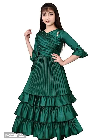 Fabulous Green Silk Blend Self Pattern Frocks For Girls-thumb3