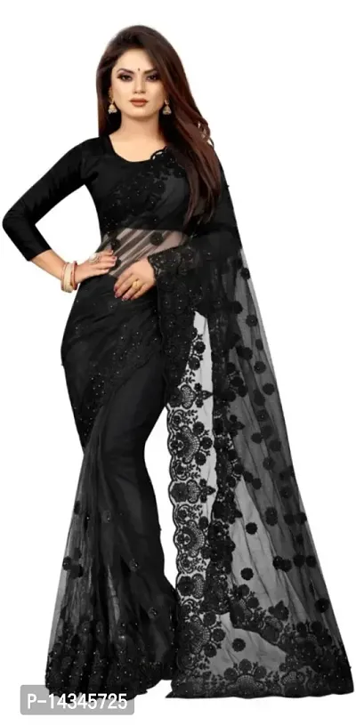 Stylish Net Embroidered Bollywood Saree With Blouse Piece For Women-thumb0