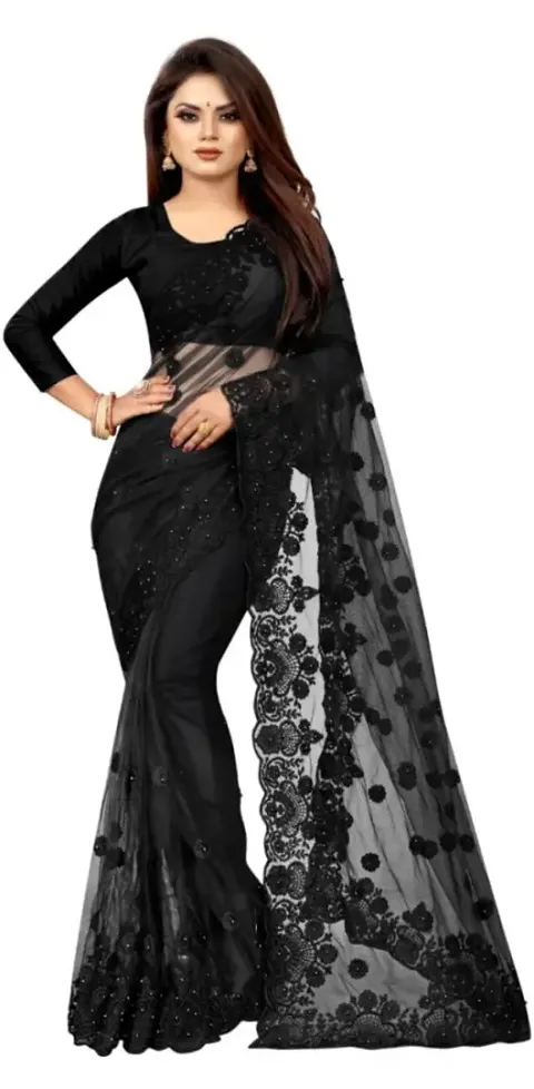 Stylish Net Embroidered Saree with Blouse piece For Women