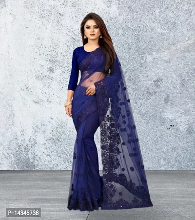 Stylish Net Embroidered Bollywood Saree With Blouse Piece For Women-thumb0