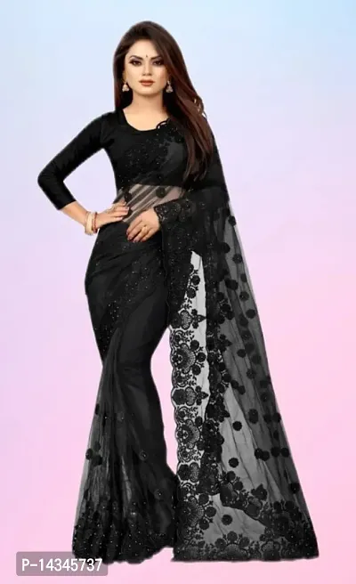 Stylish Net Embroidered Bollywood Saree With Blouse Piece For Women-thumb0